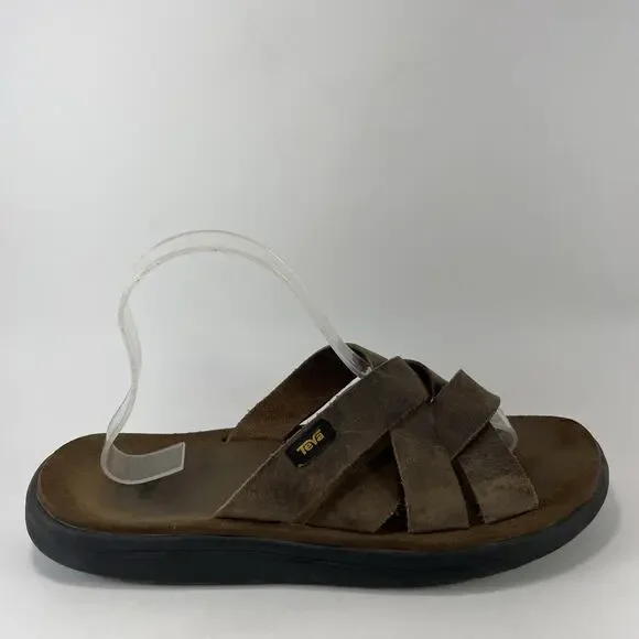 Teva Langdon Slide Mens Size 9 Walnut Brown Leather Crossover Strap Sandals
