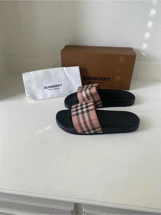Burberry Beige Check Slide Sandals with Black Footbed
