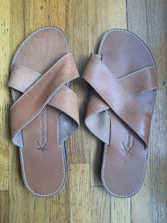Tan Greek Leather Cross-Strap Slide Sandals