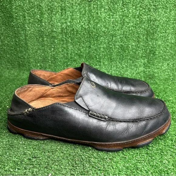 OluKai Men's Moloa Black / Toffee Leather Comfort Slip On Shoes Size‎ 10