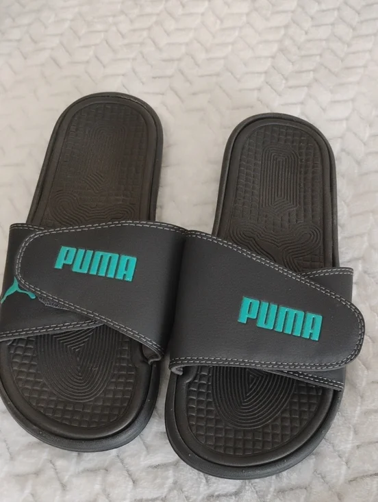 mens Puma Black Slides with Teal Logo Accent