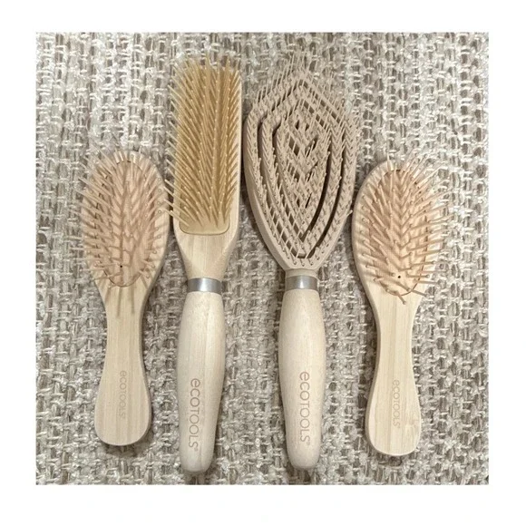 New EcoTools Wood Detangling Hair Brush Set 4pc Beige Leaf Shape Unisex Bamboo
