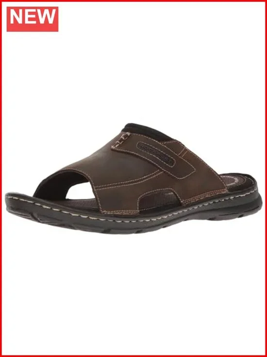 Men's Genuine Leather Slide Sandals with Fatiguing-Fighting Footbed for Casual