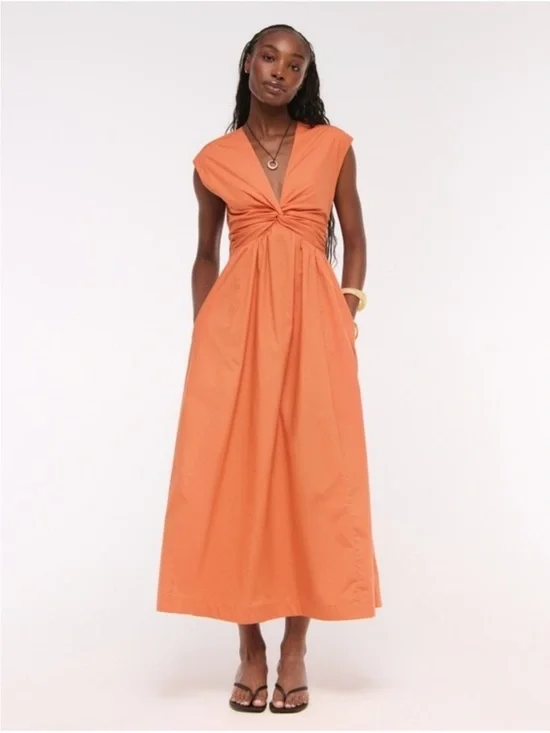 NEW Abercrombie & Fitch Orange Twist-Front Maxi Dress Cotton pockets LP vacation
