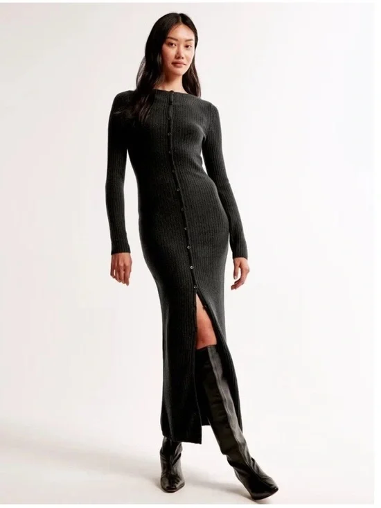 Abercrombie & Fitch Charcoal Black Ribbed Button-Front Merino Wool Maxi Dress