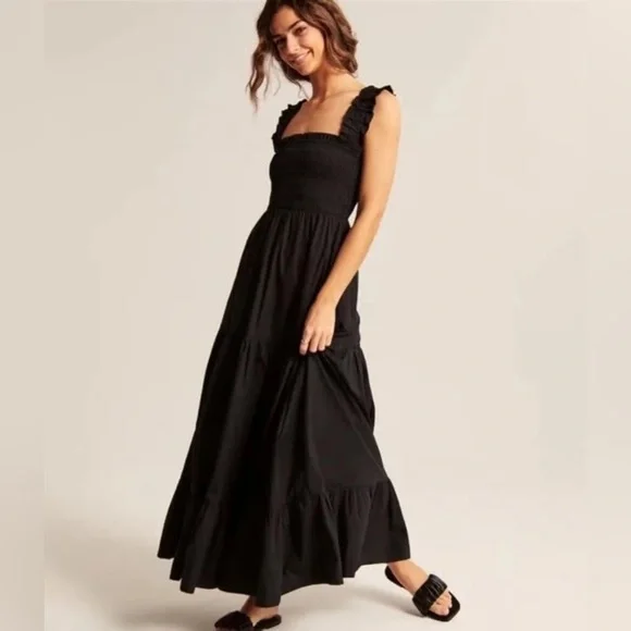 Abercrombie & Fitch Black Smocked Ruffle Strap Maxi Dress