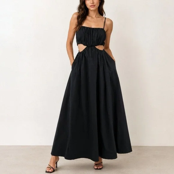 Abercrombie & Fitch Bubble Top Cutout Maxi Dress Black S Tall Summer Chic