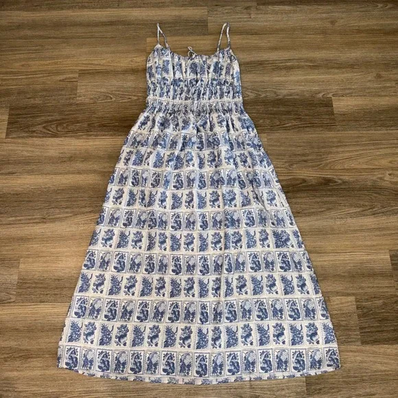 Abercrombie & Fitch Blue White Floral Toile Smocked Maxi Dress Large L