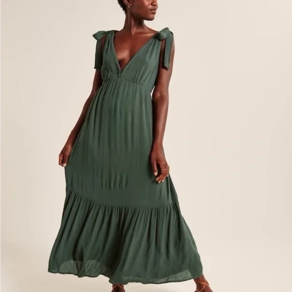 Abercrombie & Fitch Olive Green Maxi Dress with Tie Shoulders