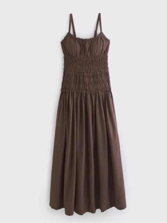 NWT Abercrombie & Fitch Brown Bra-Free Smocked Drop-Waist Maxi Dress