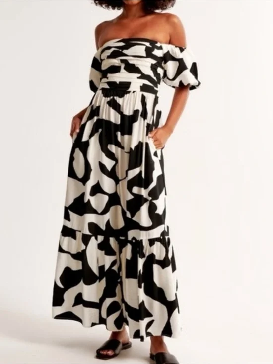 A&F Emerson Midi Dress in Black and White Abstract Size S Tall