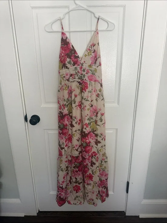 Abercrombie & Fitch Beige Floral Maxi Dress with Pink and Green