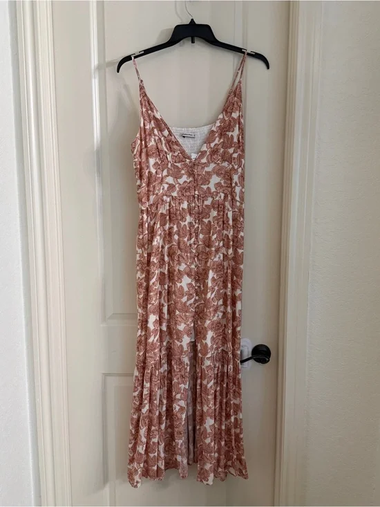 Abercrombie & Fitch White and Rust Floral V-Neck Spaghetti-Strap Maxi Dress