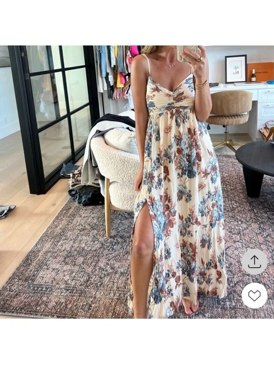 Abercrombie & Fitch Cream Floral Maxi Dress with Blue & Brown Blooms