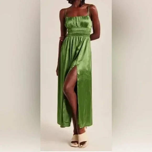 Abercrombie & Fitch Smocked Satin Side Slit Goddess Maxi Dress Women Small Green