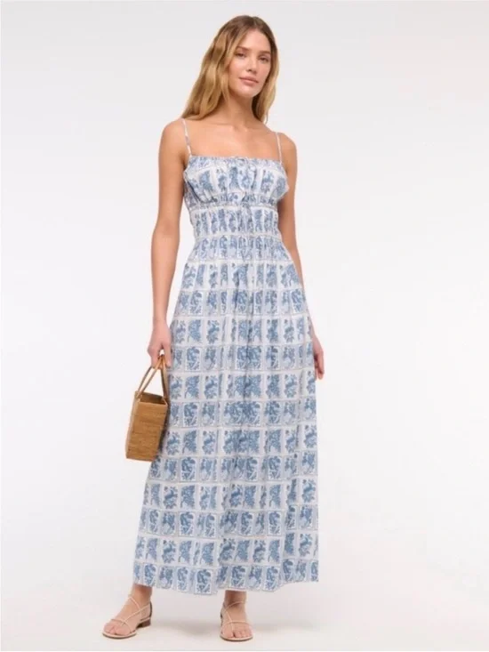 Abercrombie & Fitch Blue and White Floral Maxi Dress smocked tie front