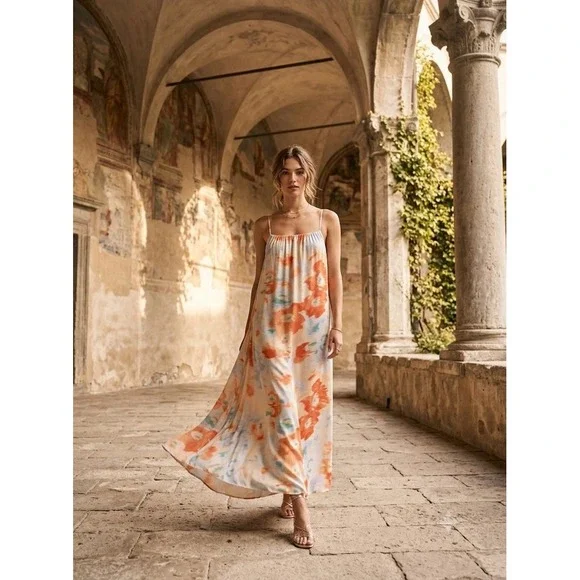 Abercrombie & Fitch Floral Maxi Dress — Cream with Orange & Blue Print