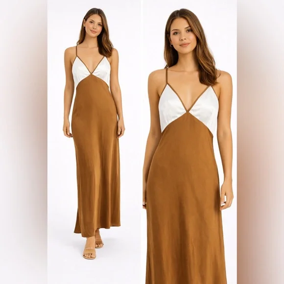 Abercrombie & Fitch Brown Cream Colorblock‎ Satin Maxi Slip Dress MT Tall