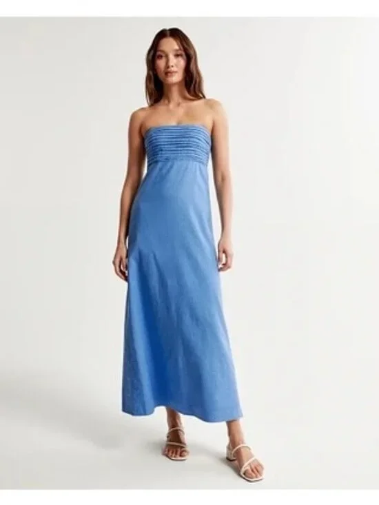 Abercrombie & Fitch Emerson Linen Cotton Blend Maxi Dress Blue XL Preppy Coastal