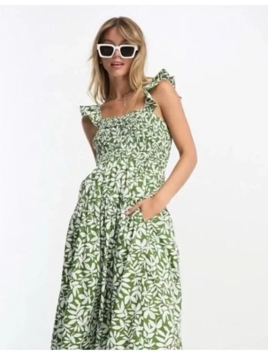 Abercrombie & Fitch Green and White Leaf-Print Maxi Dress