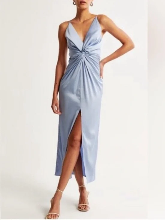 Abercrombie & Fitch Pastel Blue Satin Draped Twist-Front Maxi Dress Size Large L