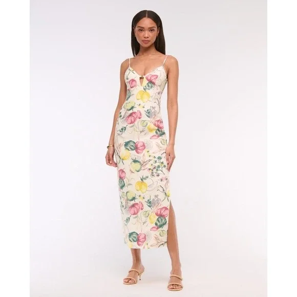 Abercrombie & Fitch Premium Linen Cutout Midi Dress Vegetable Print‎ Cream Med P