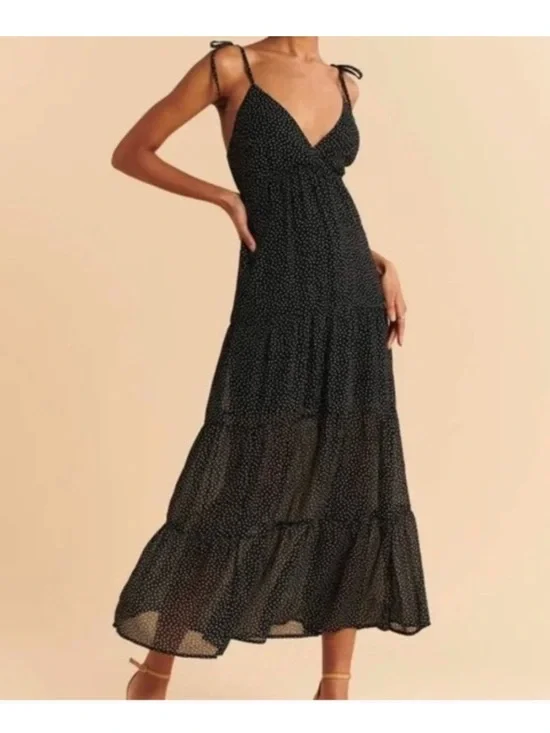 Abercrombie & Fitch V Neck Tiered Black Polka Dot Maxi Dress with Tie Straps