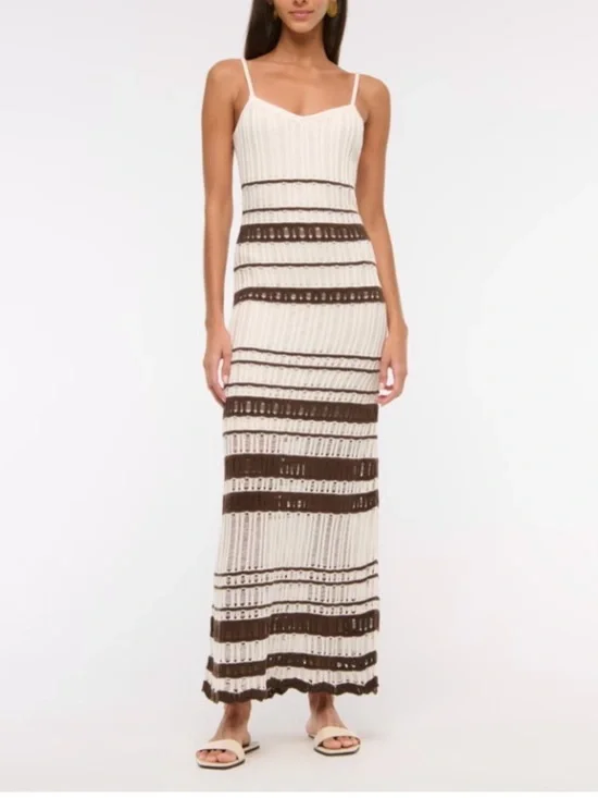 Abercrombie & Fitch Crochet Knit Stripe Midi Maxi Dress Ivory Brown Medium