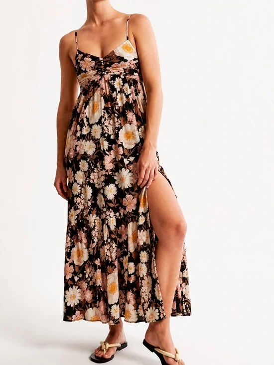 Abercrombie & Fitch Crinkle Textured Ruched Black Floral Maxi Dress - Size LT