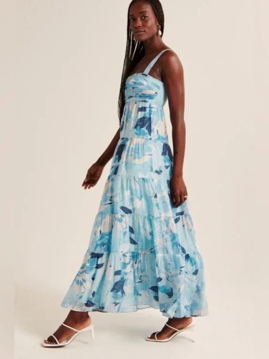 NWT Abercrombie & Fitch  Blue Print Ruched Tiered Babydoll Maxi Dress M Tall