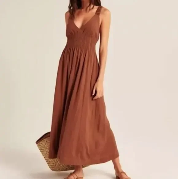 ABERCORMBIE & FITCH Scrunchie Strap Maxi Dress Rust Brown Sz L Petite $120 {D43}