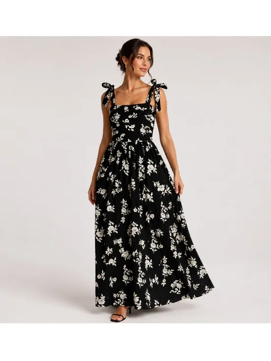 Abercrombie & Fitch Black and White Floral Tie-Strap Emerson Maxi Dress XS Tall