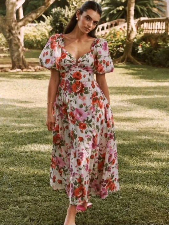 Abercrombie & Fitch Drama Puff Sleeve Maxi Dress in a vibrant red & pink floral
