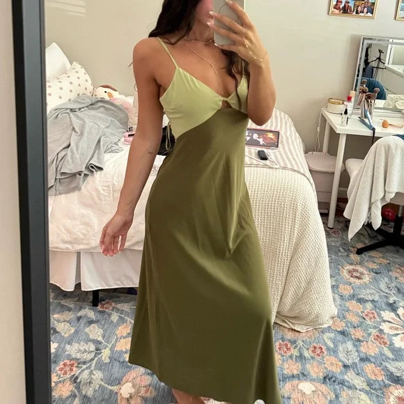 Abercrombie & Fitch Olive Two-Tone Slip Maxi Dress