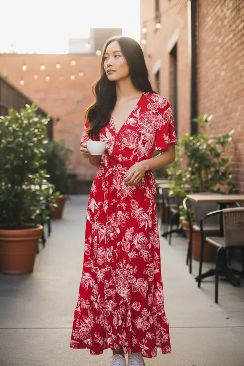 Abercrombie & Fitch Floral Wrap Midi Dress NWT Red Flutter Sleeve Small Tall