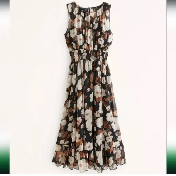 NWT Arbercombie & Fitch Easy High‎ Neck Midi Dress Womens Black Brown Floral XSP