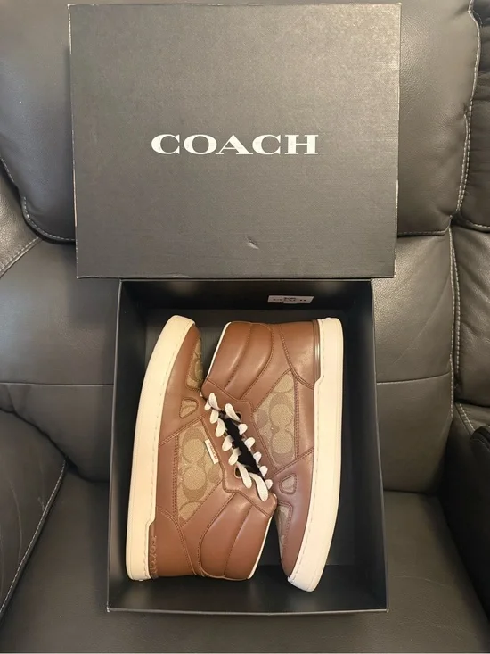 COACH CC736 MENS CLIP COURT HIGH TOP SNEAKER IN SIGNATURE CANVAS SATTLE SIZE 7D