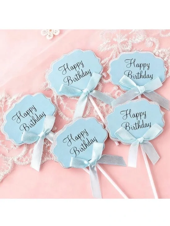 💞 New Pack of 10 Blue & Silver Glitter Happy Birthday Cupcake & Cake Toppers