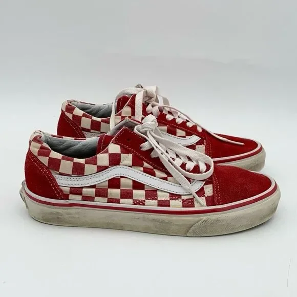 Vans Red and White Checkered Low-Top Sneakers mens size 6