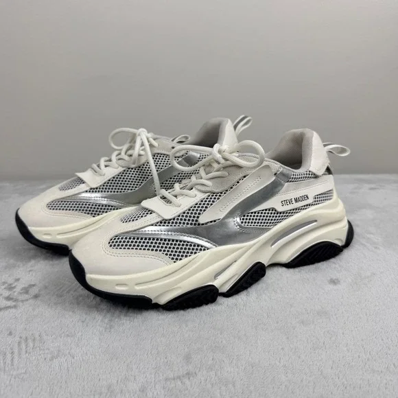 Steve Madden Possession Sneakers Men's 11 Cream Silver Chunky Dad Shoes POSS03S1