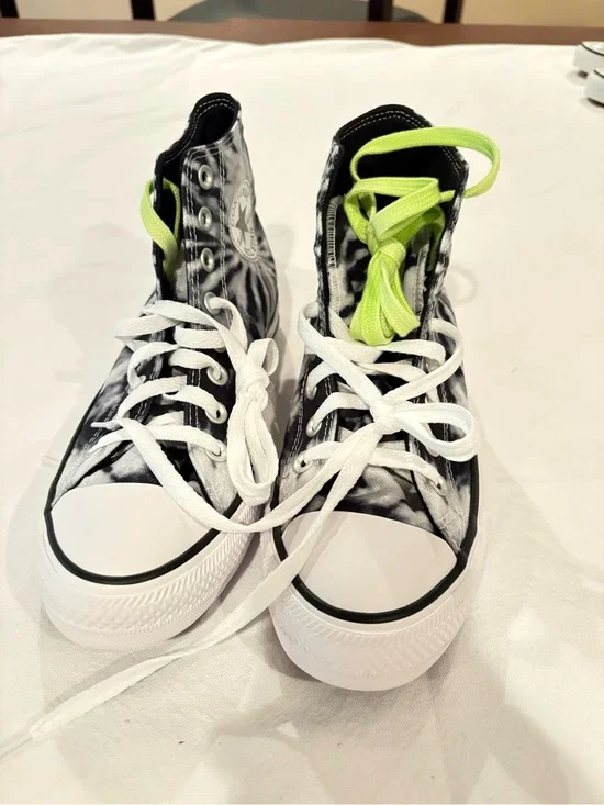 Converse Kids High-Top Sneakers in Black, White & Neon Green
