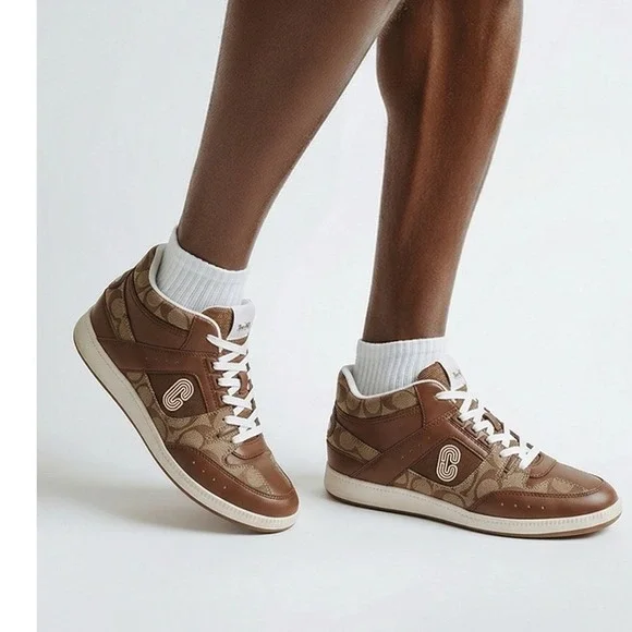 Coach Mens Signature Monogram Leather Low Top Sneakers Brown White Size 11