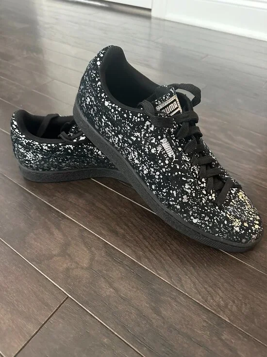 Puma Men's 10 Suede Black & Silver Metallic Splatter 2016 Sneakers