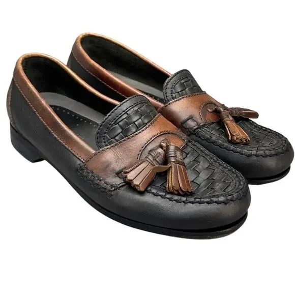 Johnston & Murphy Hayes Black Brown Leather Woven Tassel Slip-On Loafers Men 8