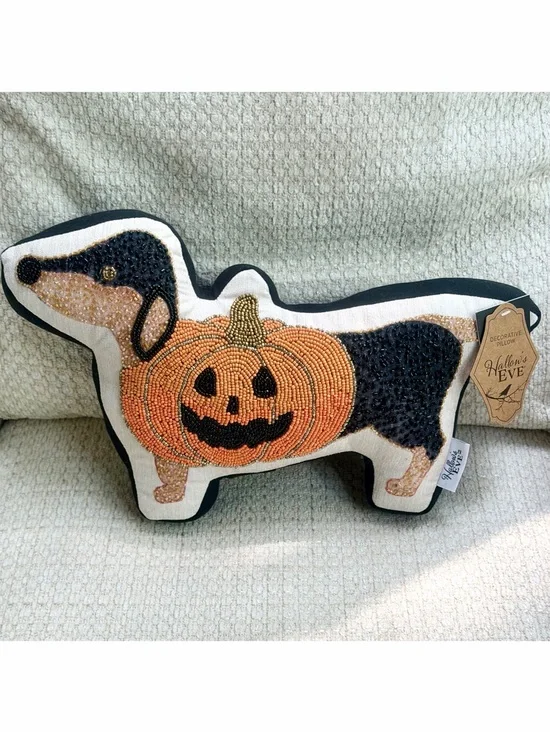 Hallow’s Eve Dachshund Beaded Pillow Jack-o-lantern Dog 18” HTF Halloween Decor