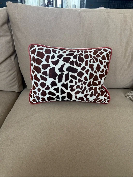 Hair on hide Giraffe Print Accent Pillow with Red Trim