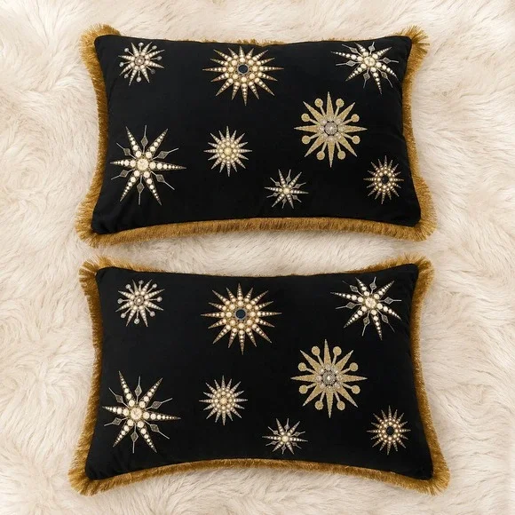 Catherine Martin Anthropologie Starry Night Black Beaded Velvet Lumbar Pillows 2