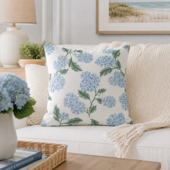 New Hydrangea Throw Pillow Covers Set of 2 16x16 Blue White Floral Zipper Decor