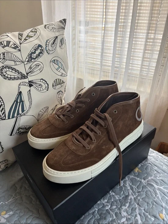 Salvatore Ferragamo Brown Suede High-Top Sneakers with White Sole