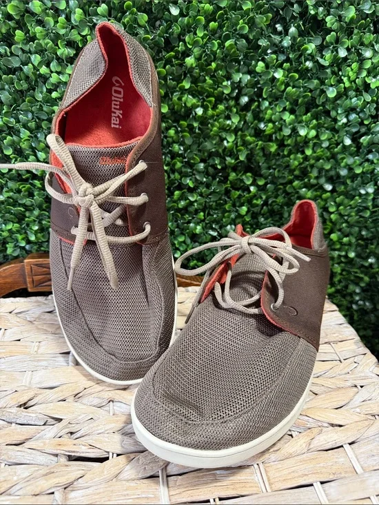 OluKai Men’s Brown Mesh Sneakers with Red Lining